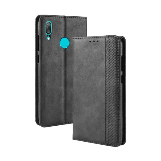 Black leather flip phone case with magnetic buckle, card holder, and cutouts