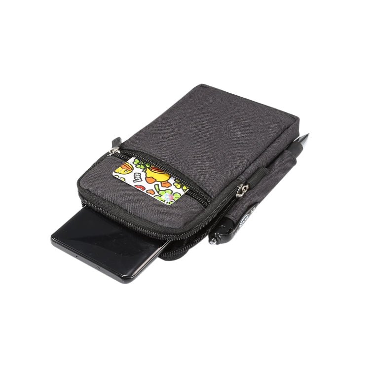 Gray fabric phone waist pack with open slot showing card and a zippered phone pocket