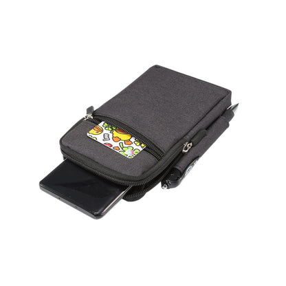 Gray fabric phone waist pack with open slot showing card and a zippered phone pocket