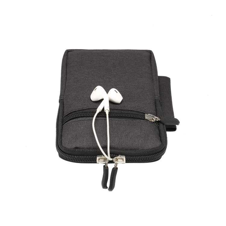 Black phone waist pack with front zipper, earbud cord, and small accessory pocket