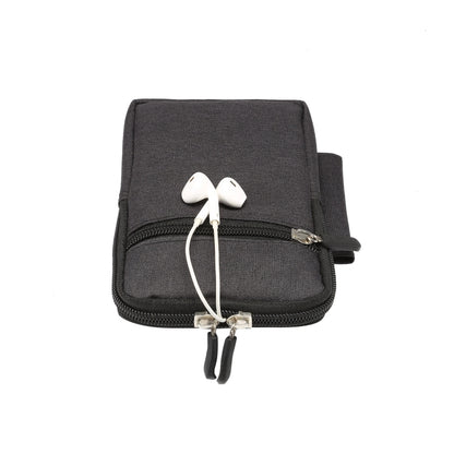Black phone waist pack with front zipper, earbud cord, and small accessory pocket