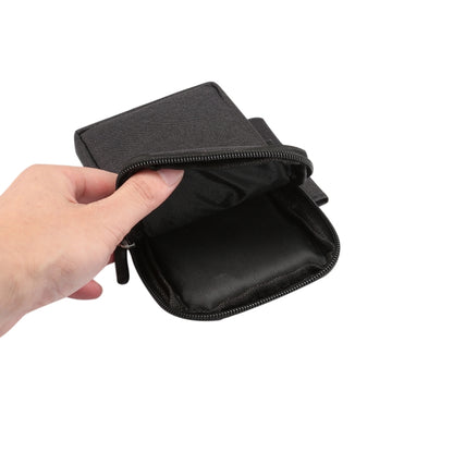 Black fabric phone waist pack with open top revealing inner lining and zipper track