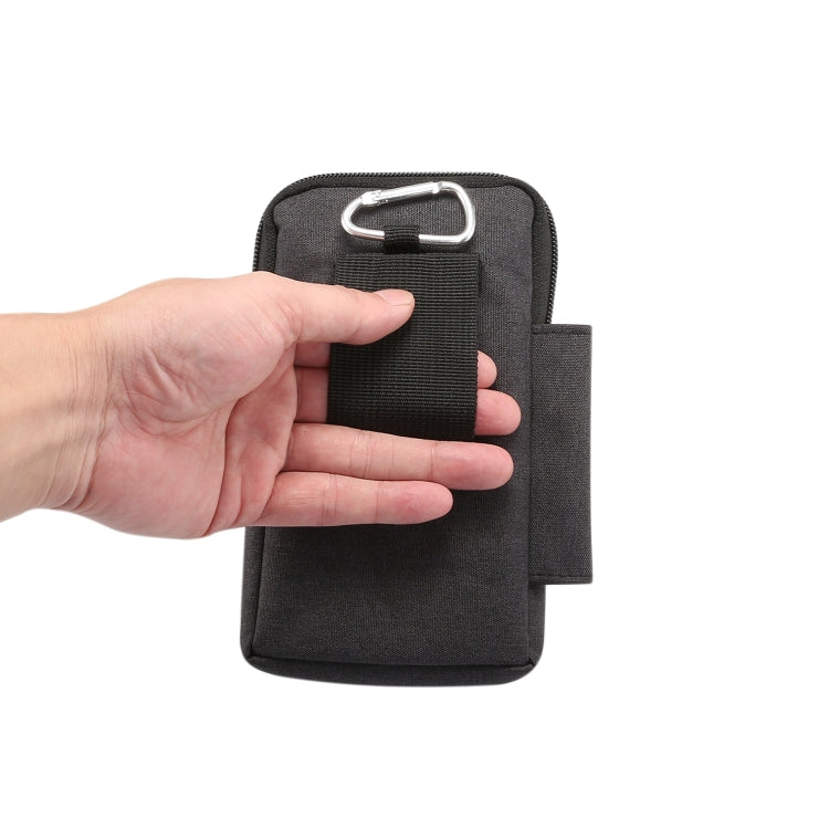 Black phone waist pack case with metal carabiner clip and front belt loop