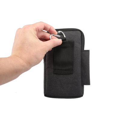 Black phone waist pack with metal carabiner on the top strap and front attachment