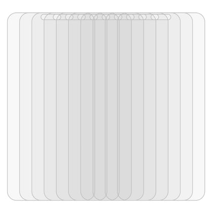 Stack of clear tempered glass screen protectors with rounded edges for a phone