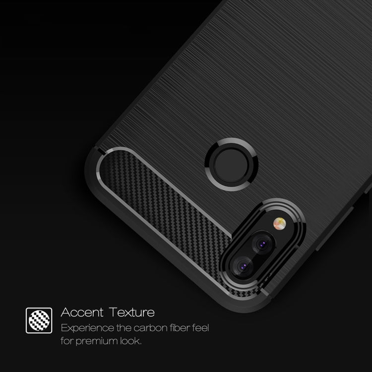Huawei P20 Lite TPU case close-up, black brushed texture with camera lenses and ring holder