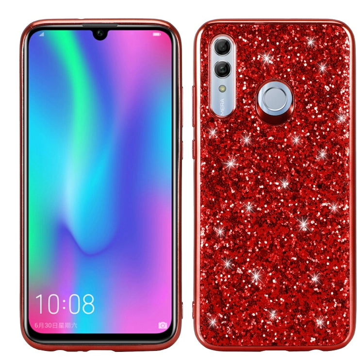 Red glittery TPU phone case, back view with camera slots and circular grip ring