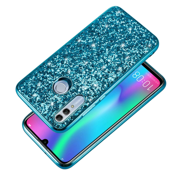 Blue glittery shockproof TPU phone case angled view with camera and fingerprint cutouts