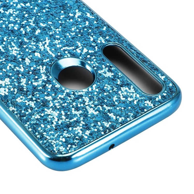 Blue glittery TPU phone case close-up with circular cutout and camera opening