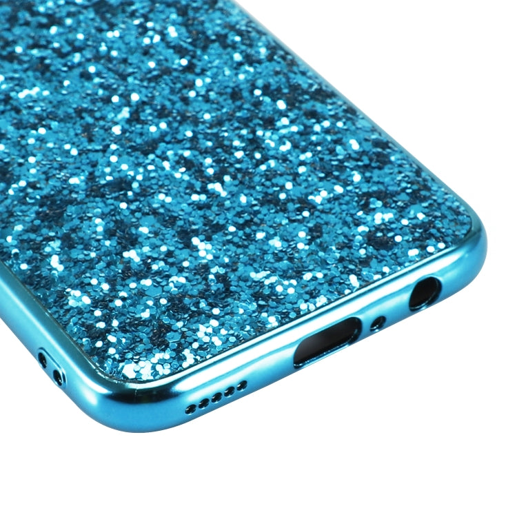 Blue glittery TPU phone case side edge with button and port openings