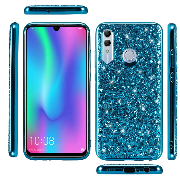 Blue glittery shockproof TPU phone case showing front, back, and side profiles