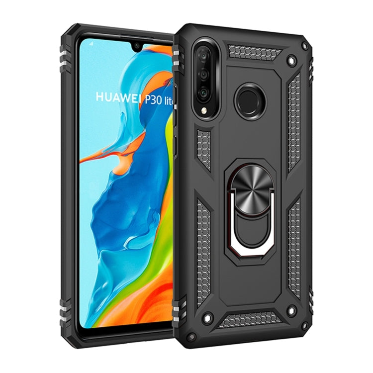 Black shockproof TPU/PC phone case with kickstand ring and raised camera bezel