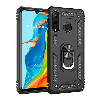 Black shockproof TPU/PC phone case with kickstand ring and raised camera bezel