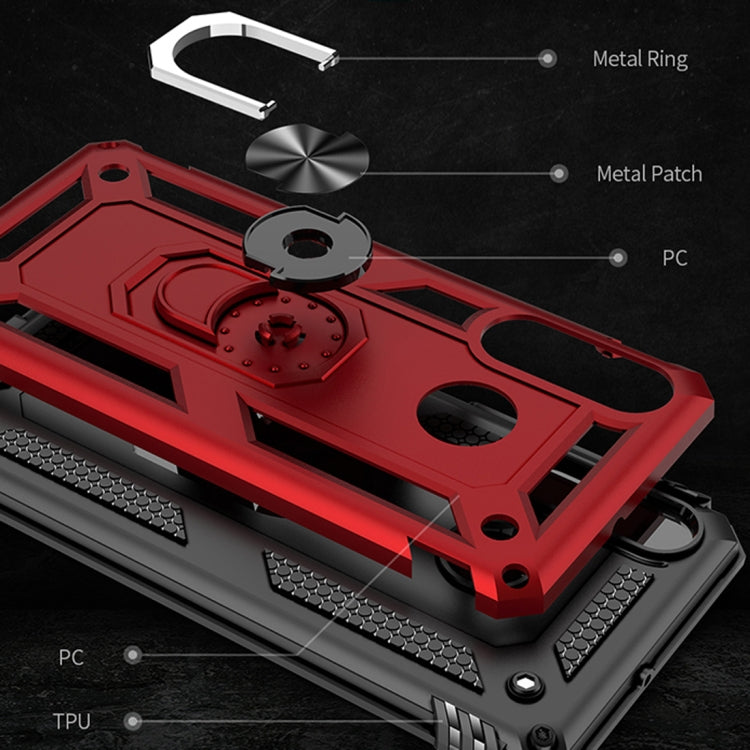Red phone case showing metal ring kickstand and PC/TPU material layers