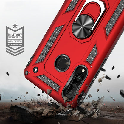 Red shockproof TPU/PC phone case with metal ring kickstand and rugged textured sides