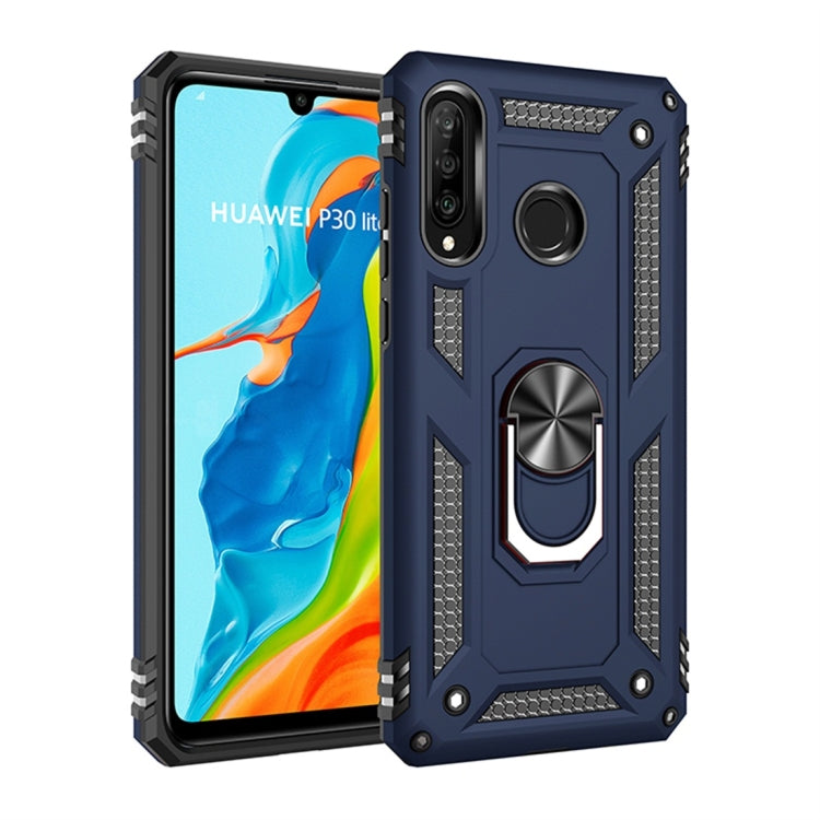 Blue shockproof TPU/PC phone case with metal ring kickstand and textured corners