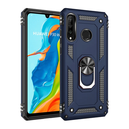 Blue shockproof TPU/PC phone case with metal ring kickstand and textured corners