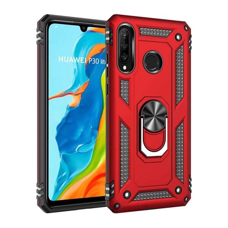 Red shockproof TPU/PC phone case for Huawei P30 Lite, with 360° rotating ring kickstand