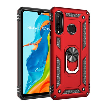 Red shockproof TPU/PC phone case for Huawei P30 Lite, with 360° rotating ring kickstand