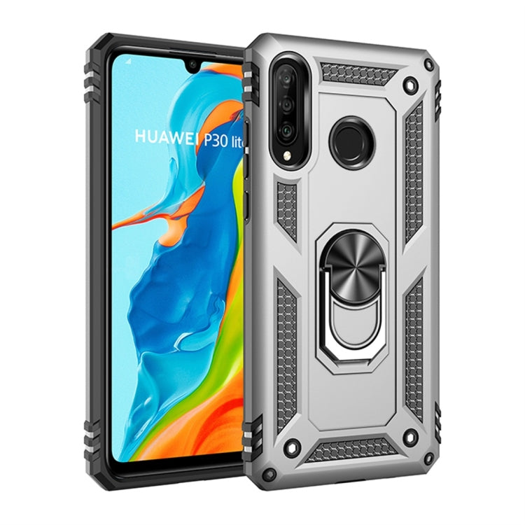 Rugged silver protective phone case with rotating kickstand ring and shockproof armor