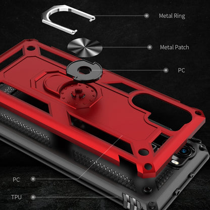 Red rugged protective phone case with metal ring kickstand and textured grip for Huawei P30 Pro