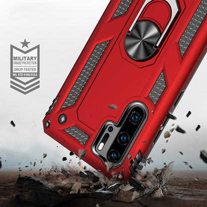 Red armored protective phone case with metal ring kickstand and raised corners for Huawei P30 Pro