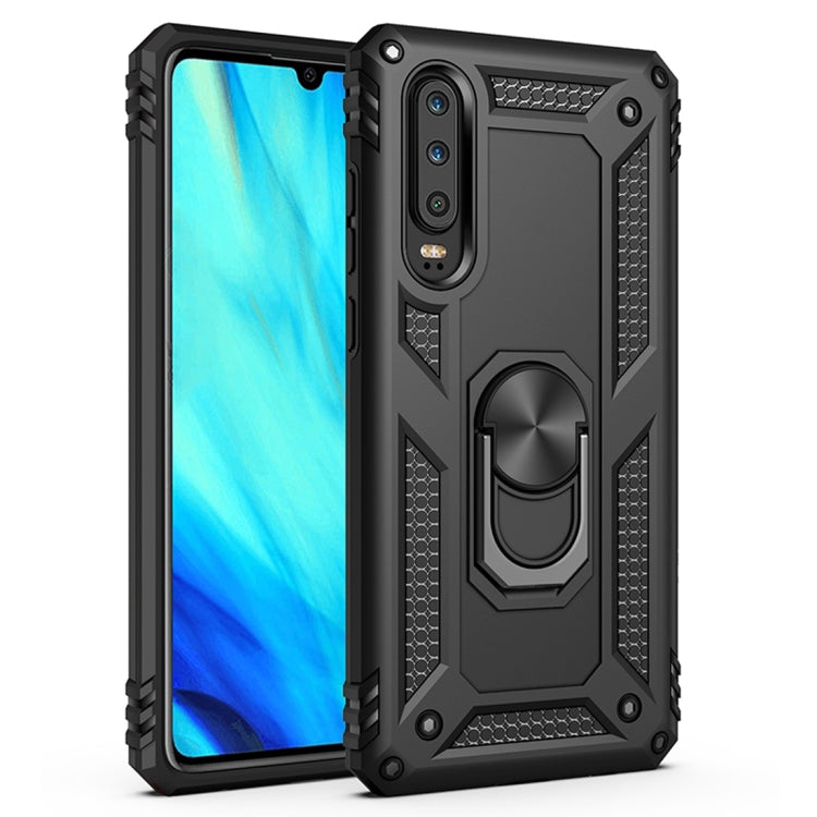 Rugged black protective phone case with rotating metal ring kickstand