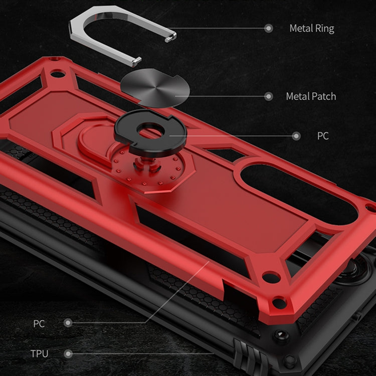 Red protective phone case with TPU and PC layers, metal ring and cutouts