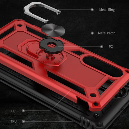 Red protective phone case with TPU and PC layers, metal ring and cutouts