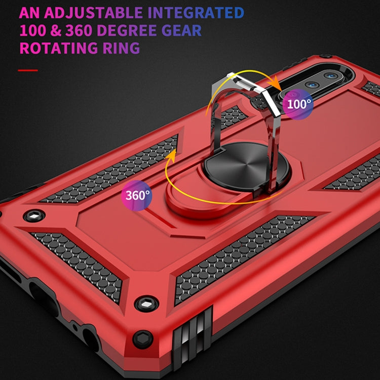 Red protective phone case with 360° rotating ring stand and raised corners