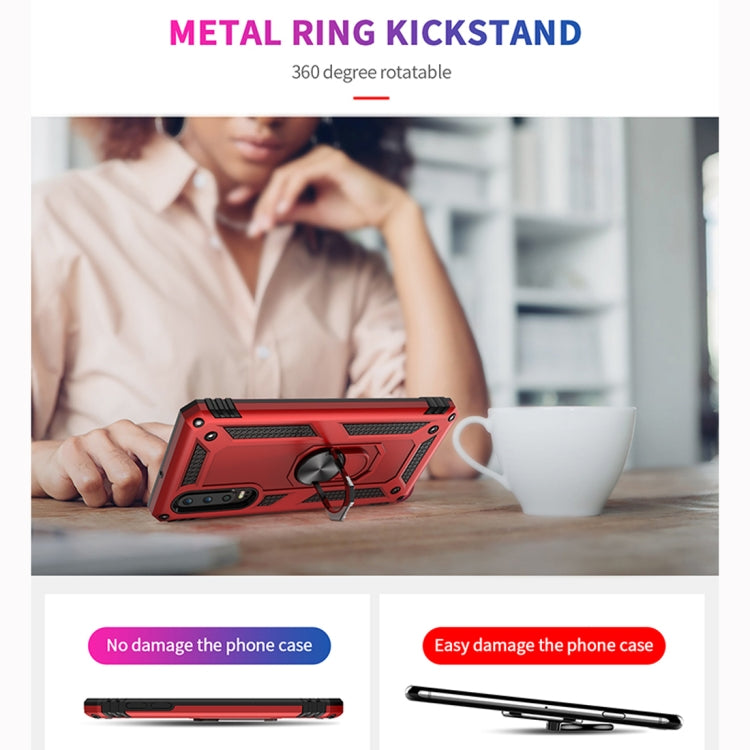 Red rugged phone case with metal ring kickstand for handheld viewing