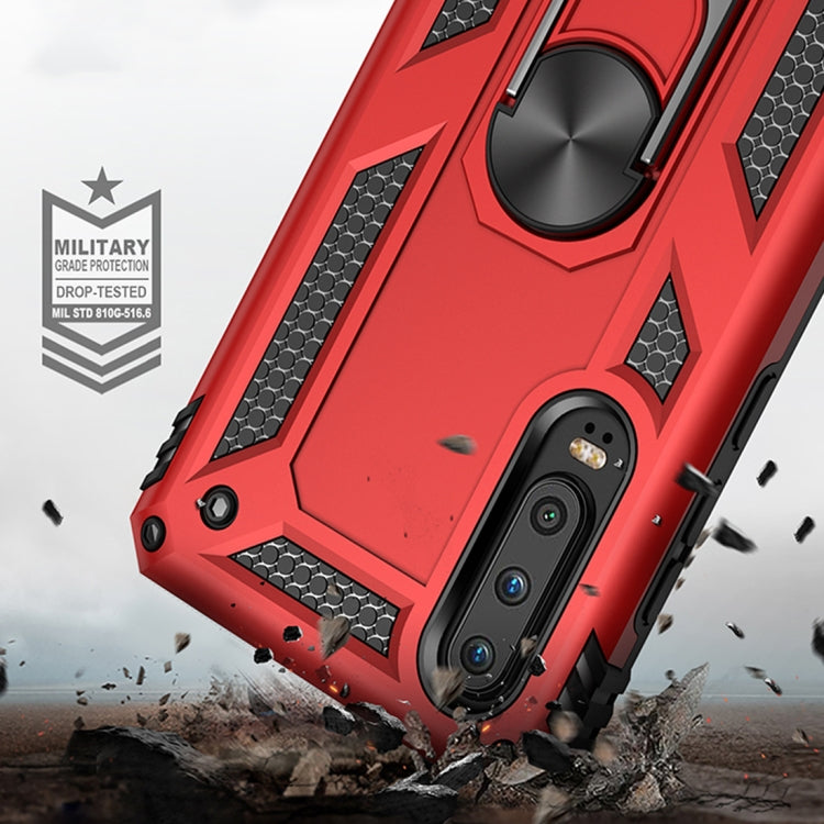 Red rugged protective phone case with metal ring kickstand and shockproof design