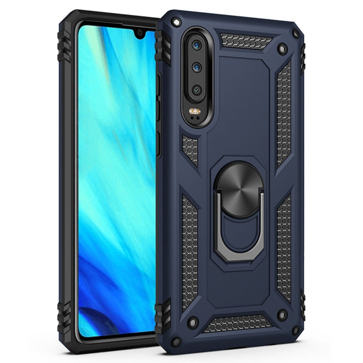 Dark blue rugged protective phone case with rotating metal ring kickstand