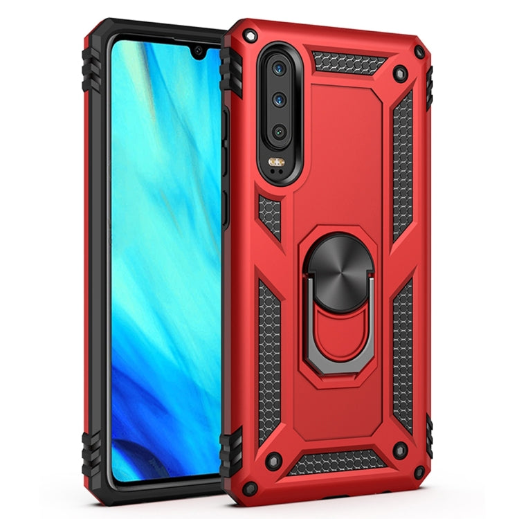 Red rugged protective phone case with textured edges and metal ring kickstand