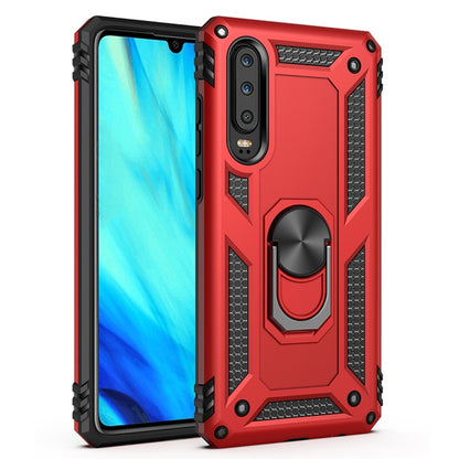 Red rugged protective phone case with textured edges and metal ring kickstand