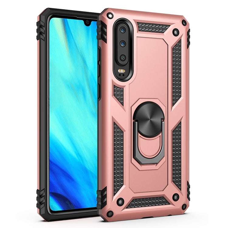 Rose gold shockproof TPU and PC protective phone case with 360° rotating holder for Huawei P30
