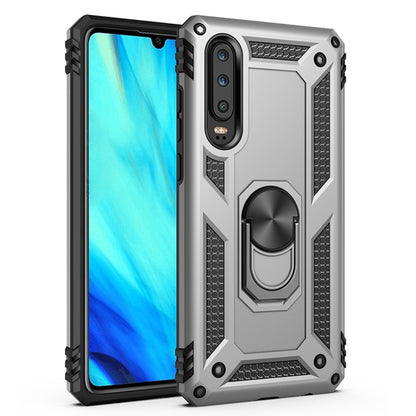 Silver and black shockproof TPU+PC phone case with 360° rotating holder for Huawei P30