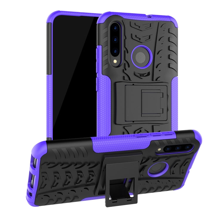 Shockproof phone case with tire tread texture, purple-blue accents, black back, built-in holder