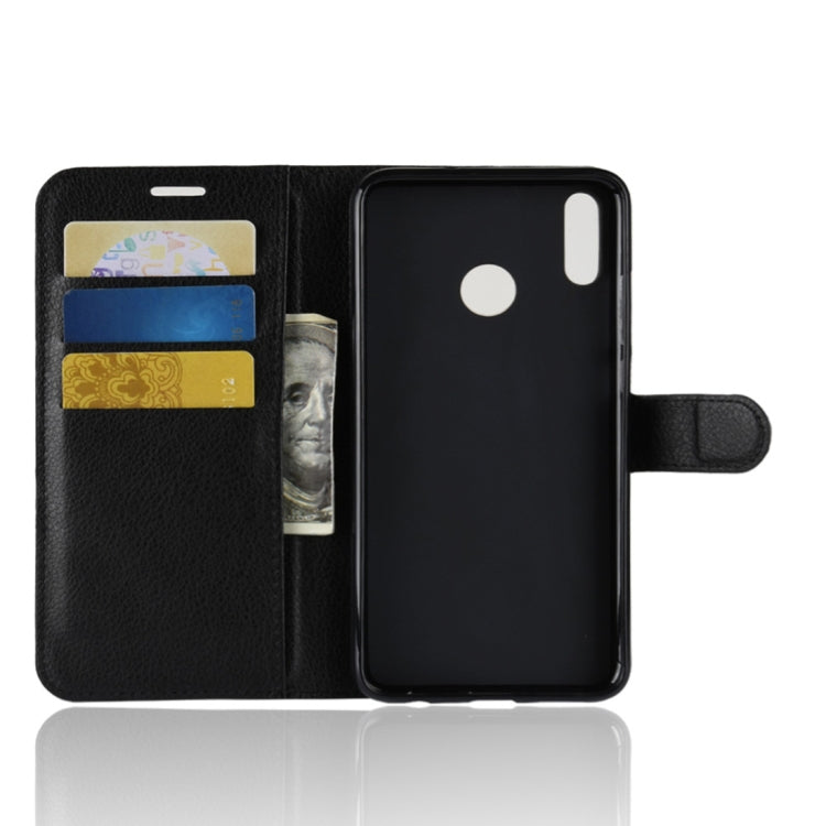 Black folio flip phone case open, showing card slots and phone back cover