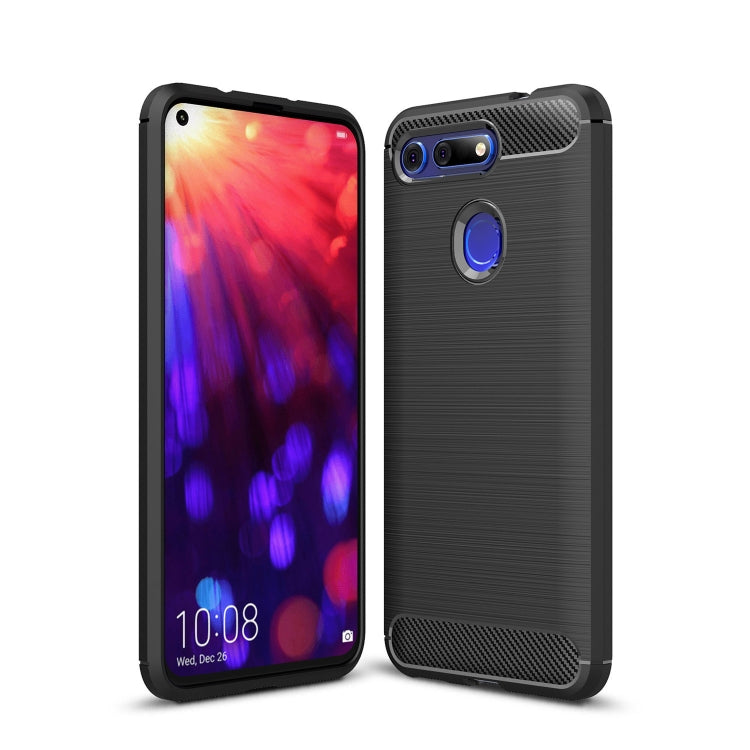 Black carbon-fiber textured TPU phone case with raised camera and screen edges