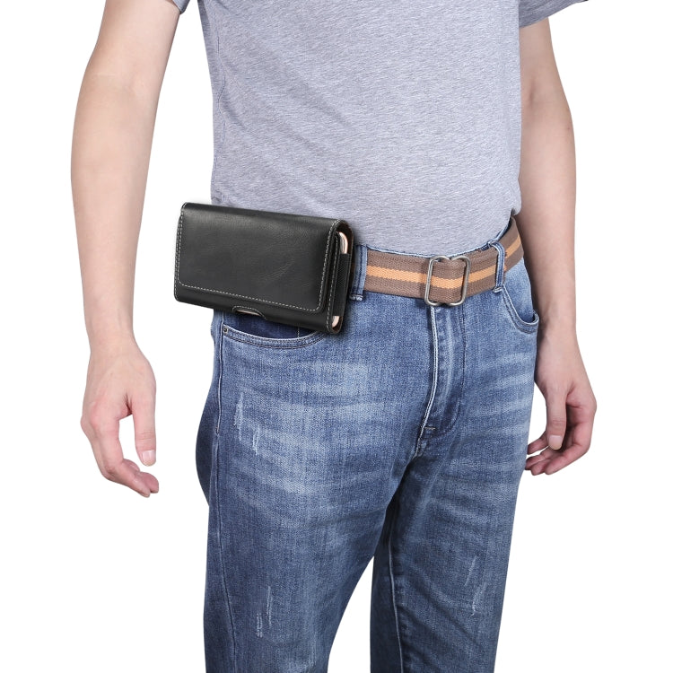 Men’s black leather waist phone pouch with adjustable belt strap