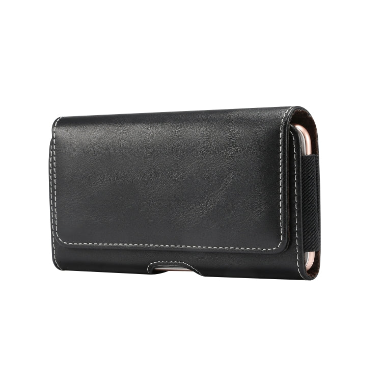 Black leather flip phone wallet with stitched edges and front clasp