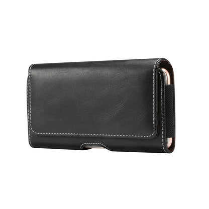 Black leather flip phone wallet with stitched edges and front clasp