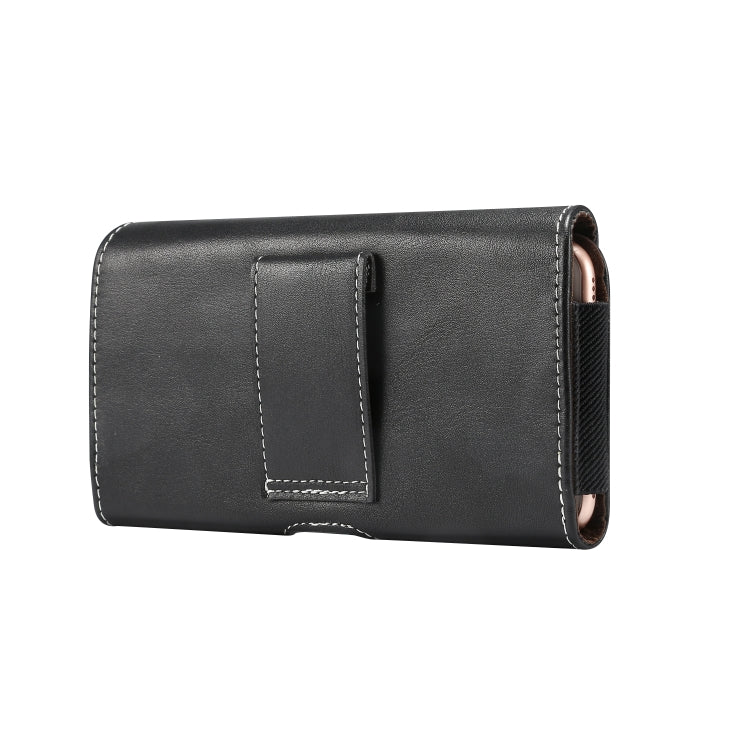 Black leather phone pouch with front pocket and elastic side opening