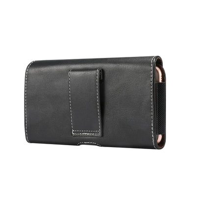 Black leather phone pouch with front pocket and elastic side opening