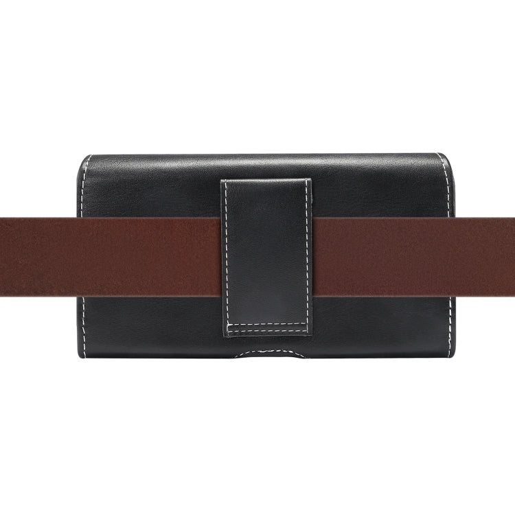 Black leather waist phone pouch with center front tab and belt strap