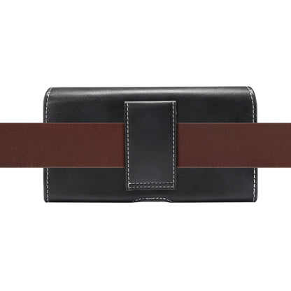 Black leather waist phone pouch with center front tab and belt strap