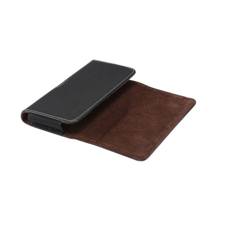 Folded leather phone case with black outer flap and brown inner lining