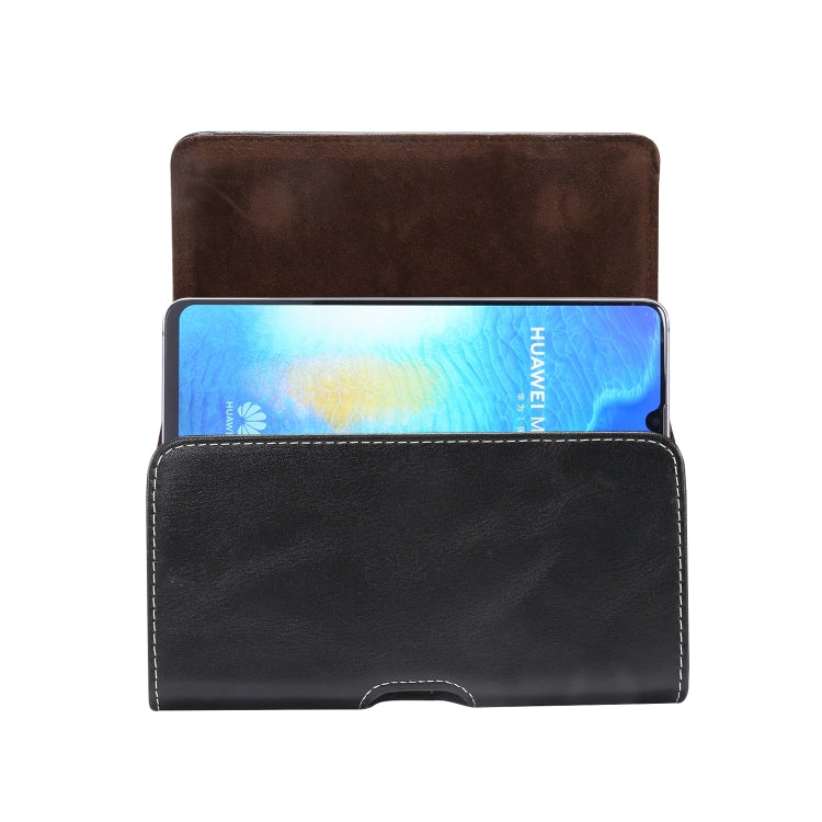 Open black leather phone case with brown inner lining holding a phone