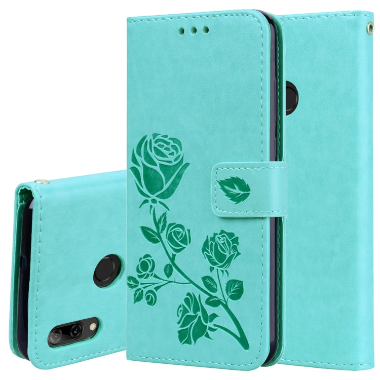 Light teal embossed rose PU leather flip phone case with card holder